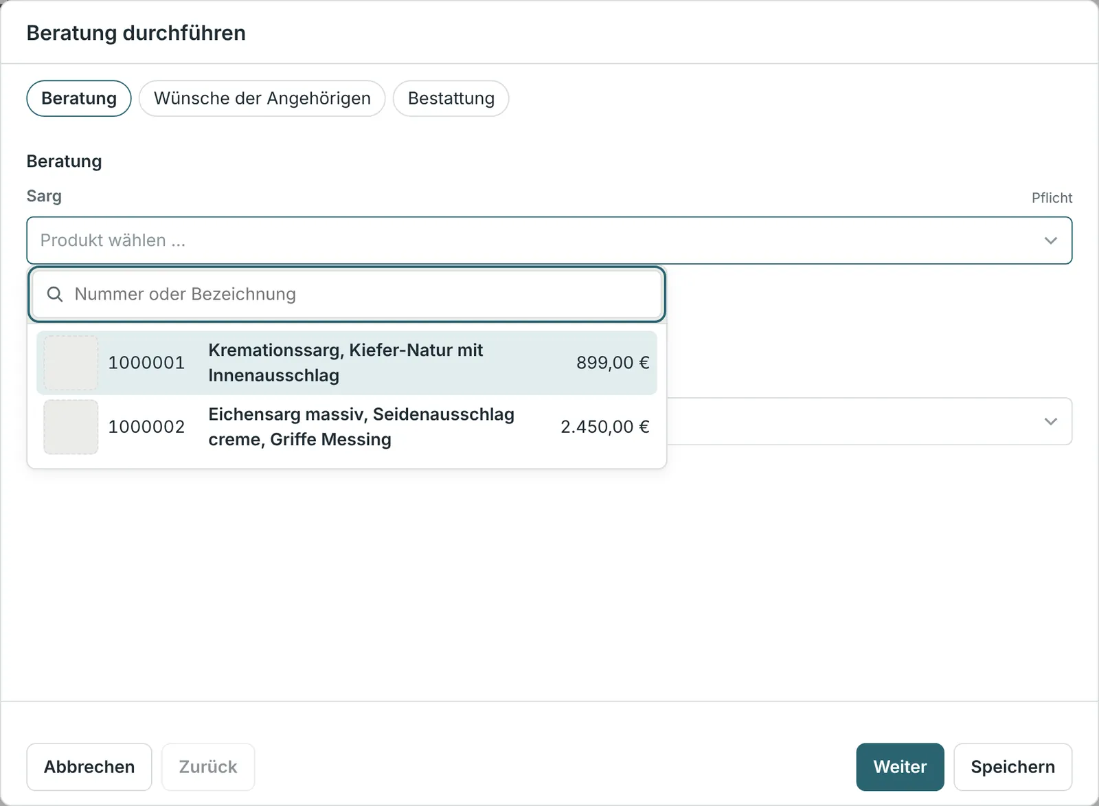 Beratung durchführen in Onoria: Die Produktauswahl für den Sarg ist geöffnet und zeigt zwei Särge mit Artikelnummer und Preis.