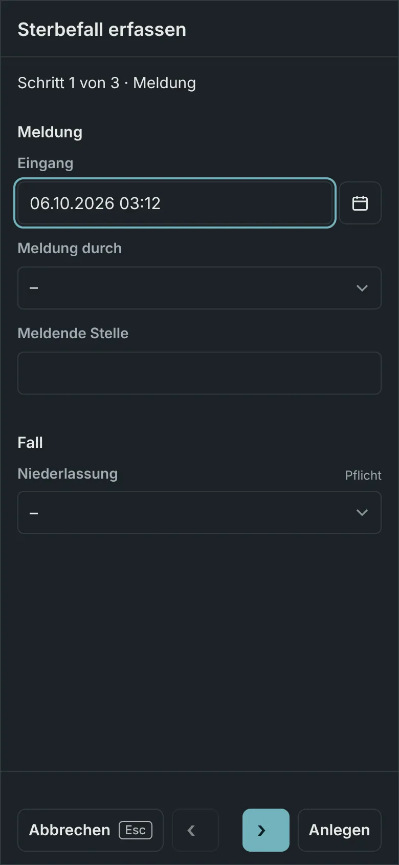 Onoria auf dem Handy im dunklen Modus: Sterbefall erfassen, Schritt 1 von 3, Meldung. Eingang 06.10.2026, 03:12 Uhr.
