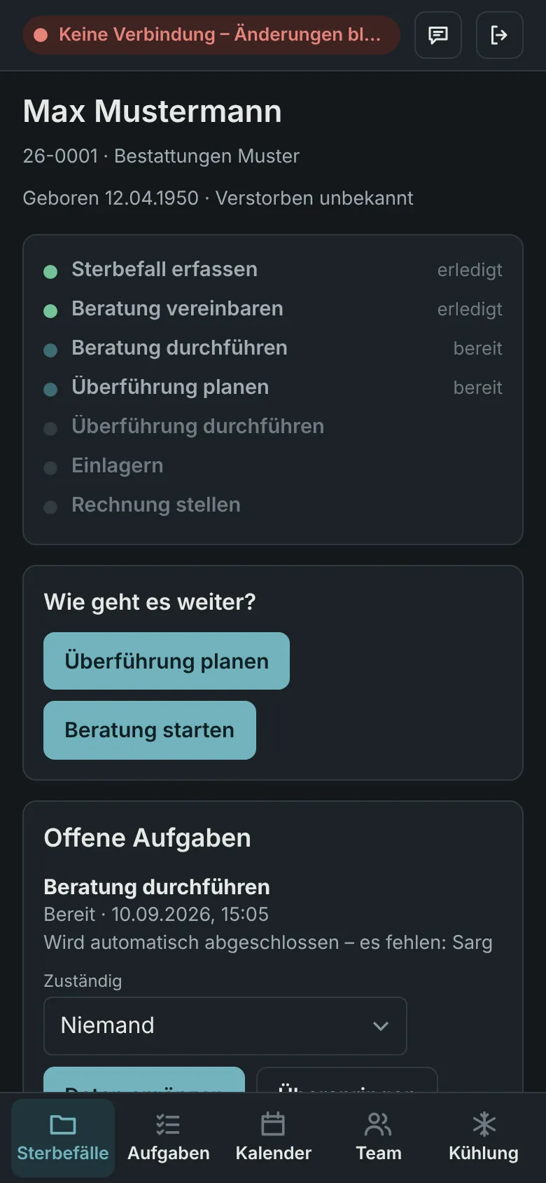 Ein Fall in Onoria auf dem Handy ohne Verbindung. Oben steht: Keine Verbindung, Änderungen bleiben gespeichert.