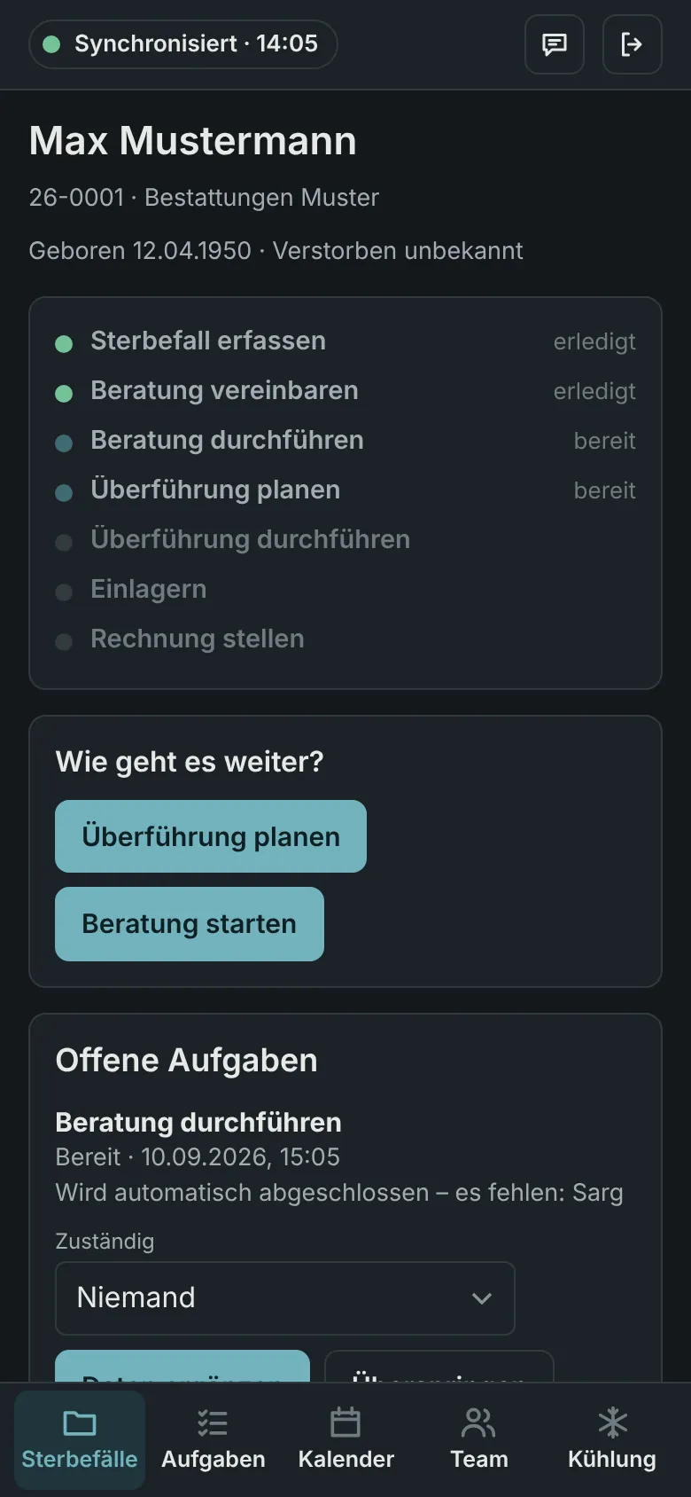 Derselbe Fall mit Verbindung. Oben steht: Synchronisiert.