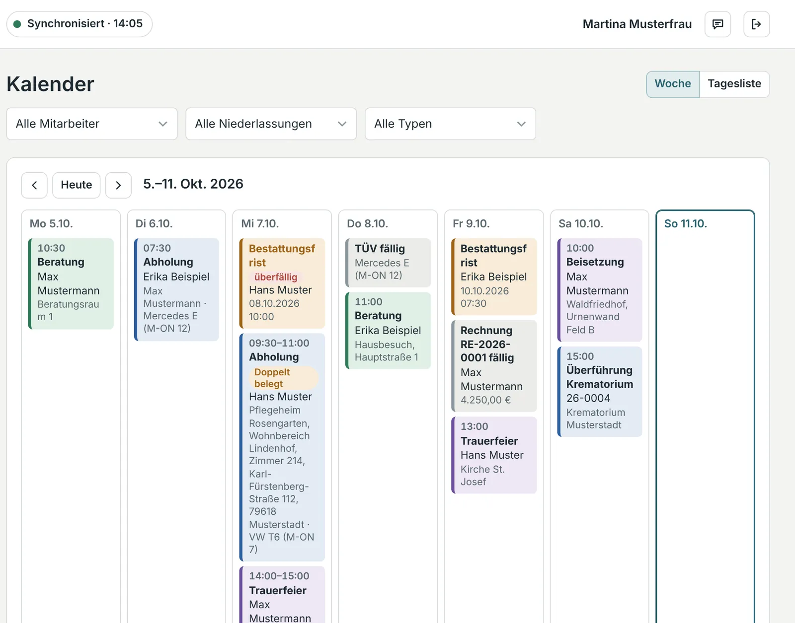 Der Kalender in Onoria als Wochenansicht mit Beratungen, Abholungen, Fristen, einer Trauerfeier und einer Beisetzung.