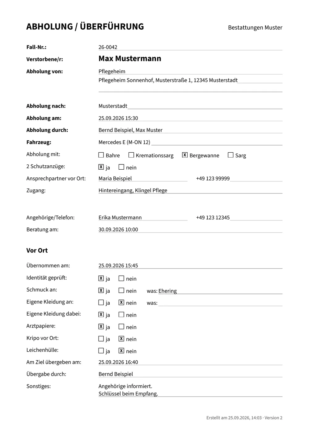 Abholschein für eine Überführung mit Abholort, Fahrzeug und den Angaben vor Ort.