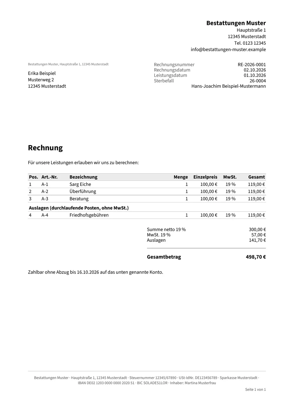 Rechnung mit Positionen für Sarg, Überführung und Beratung, Friedhofsgebühren als Auslage und dem Gesamtbetrag.