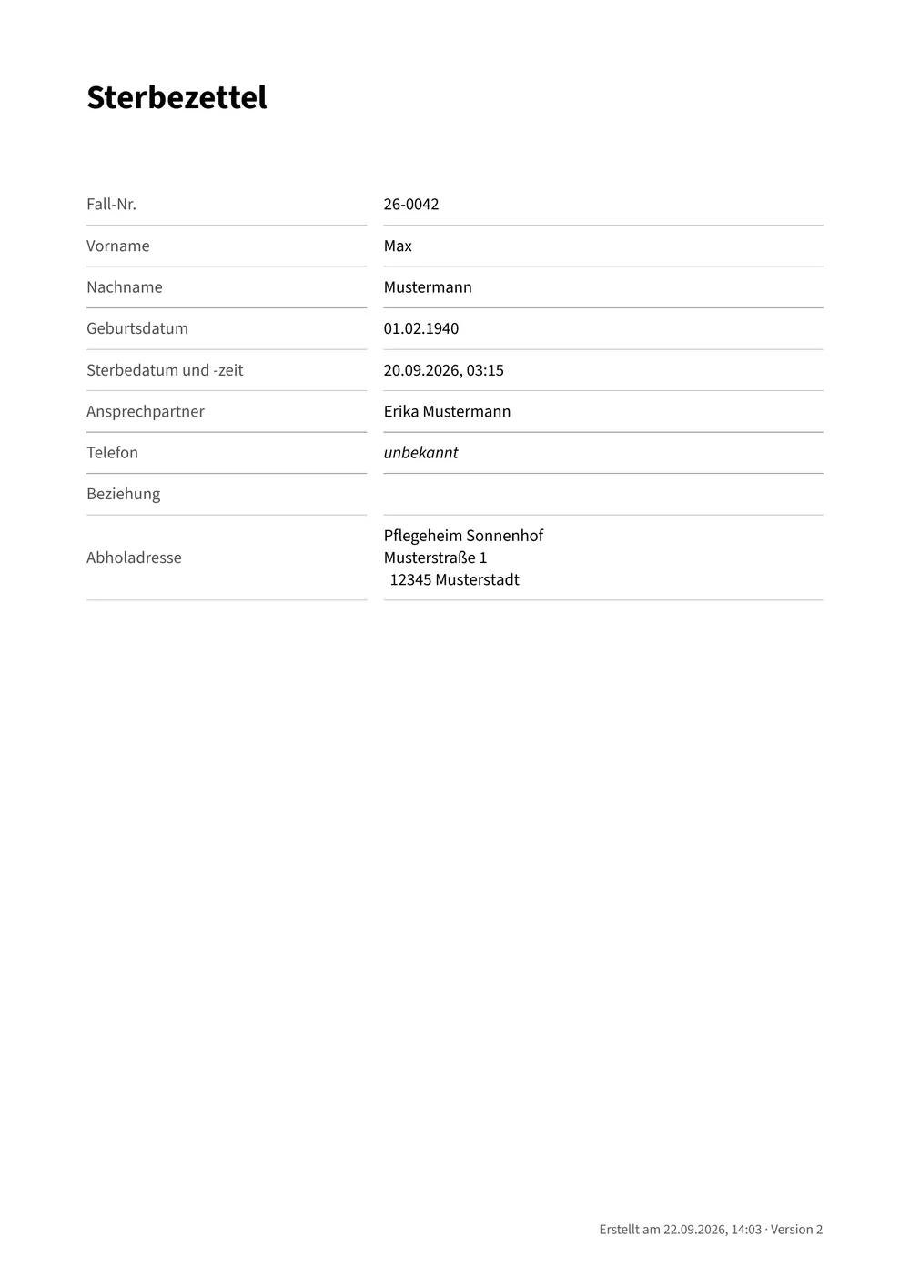 Sterbezettel mit Fallnummer, Name, Geburts- und Sterbedatum.